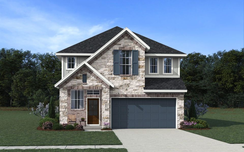 Front exterior of a new home in Legacy at Lake Dunlap, New Braunfels, TX, highlighting curb appeal (Image 4). Front exterior of a new home in Legacy at Lake Dunlap, New Braunfels, TX, highlighting curb appeal (Image 4).