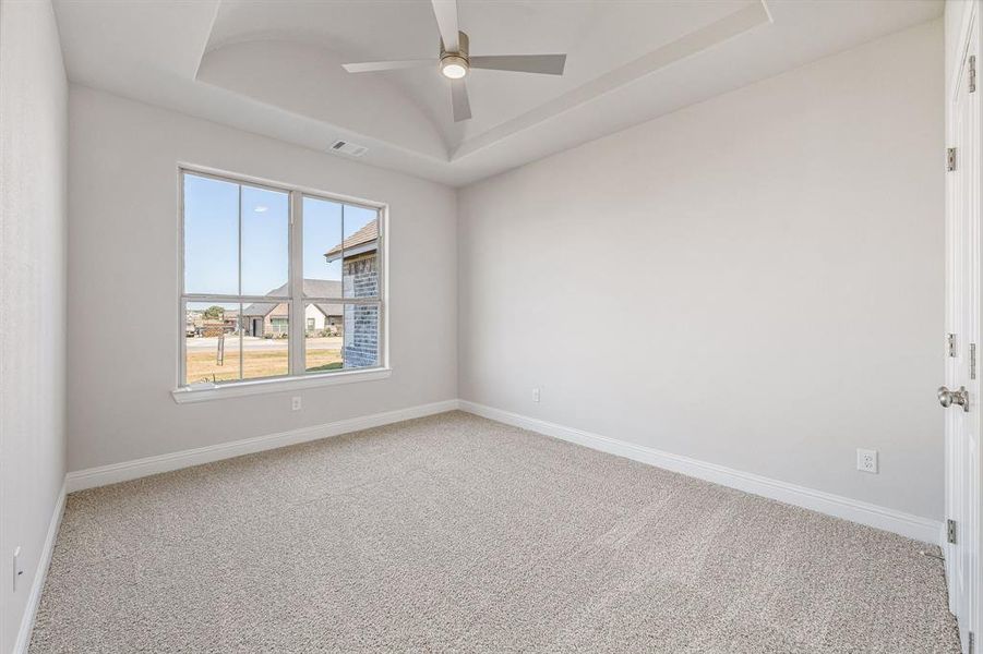 Spare room featuring a raised ceiling, carpet, and ceiling fan