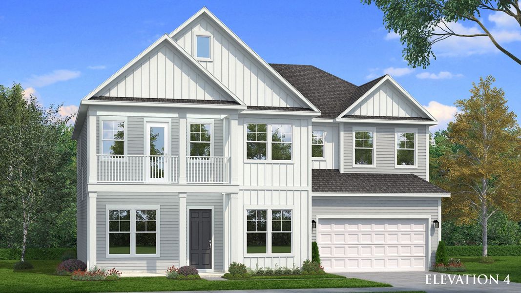 Exterior rendering of home with white siding and second floor balcony
