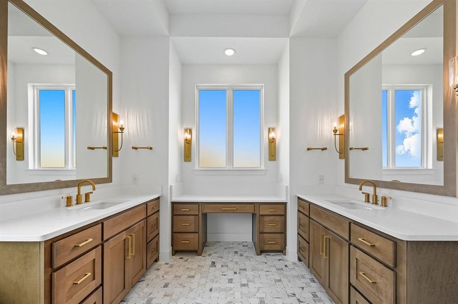 Full bath featuring two vanities, recessed lighting, and light floors Full bath featuring two vanities, recessed lighting, and light floors