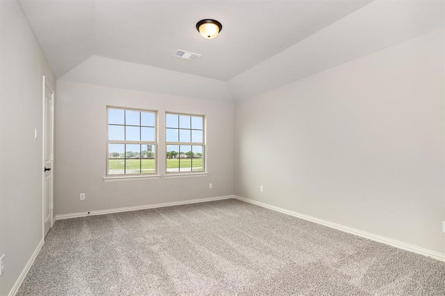 Empty room featuring carpet floors and lofted ceiling