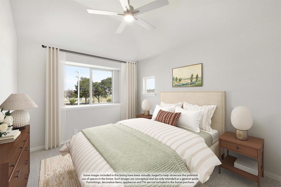 Bedroom with vaulted ceiling, ceiling fan, carpet flooring, and two windows with natural light