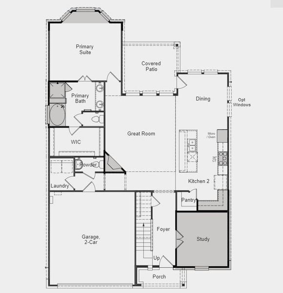 Structural options include: study, gas drop at the patio, fireplace, dining room windows, lifestyle space, and slide in tub at primary bathroom.