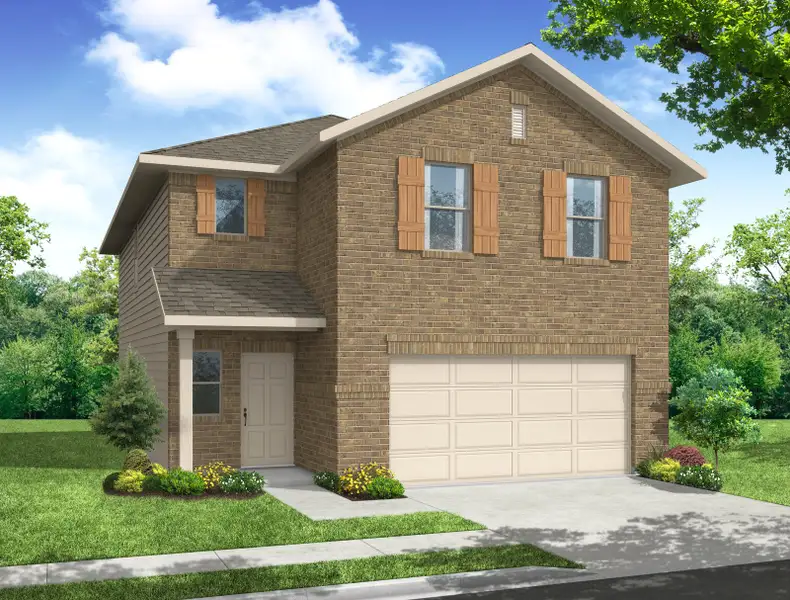 Representative exterior photo of a completed home built from the Mulberry by Impression Homes in Keeneland, Aubrey, TX (Image 2). Representative exterior photo of a completed home built from the Mulberry by Impression Homes in Keeneland, Aubrey, TX (Image 2).
