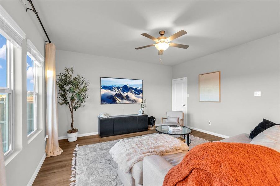 Living room featuring a wealth of natural light, ceiling fan, and wood-type flooring