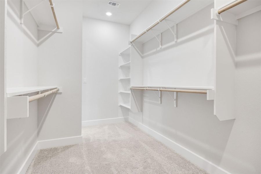 Spacious closet with light carpet