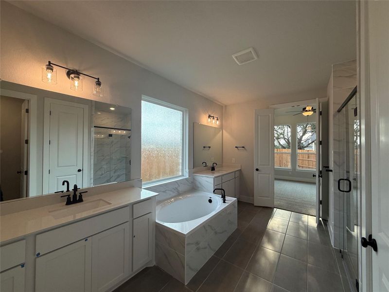 Primary Bath with dual vanities, garden tub & walk-in shower Primary Bath with dual vanities, garden tub & walk-in shower