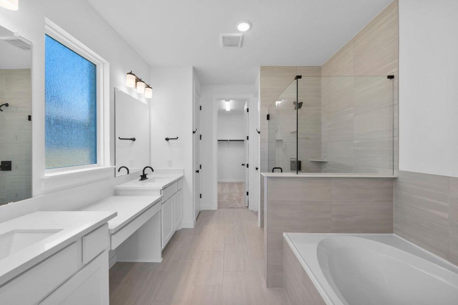 Primary Bath retreat with dual vanities, garden tub & walk-in shower Primary Bath retreat with dual vanities, garden tub & walk-in shower