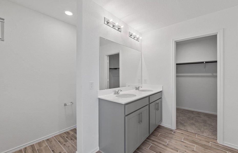 Full bathroom featuring a spacious closet, wood finish floors, and double vanity Full bathroom featuring a spacious closet, wood finish floors, and double vanity
