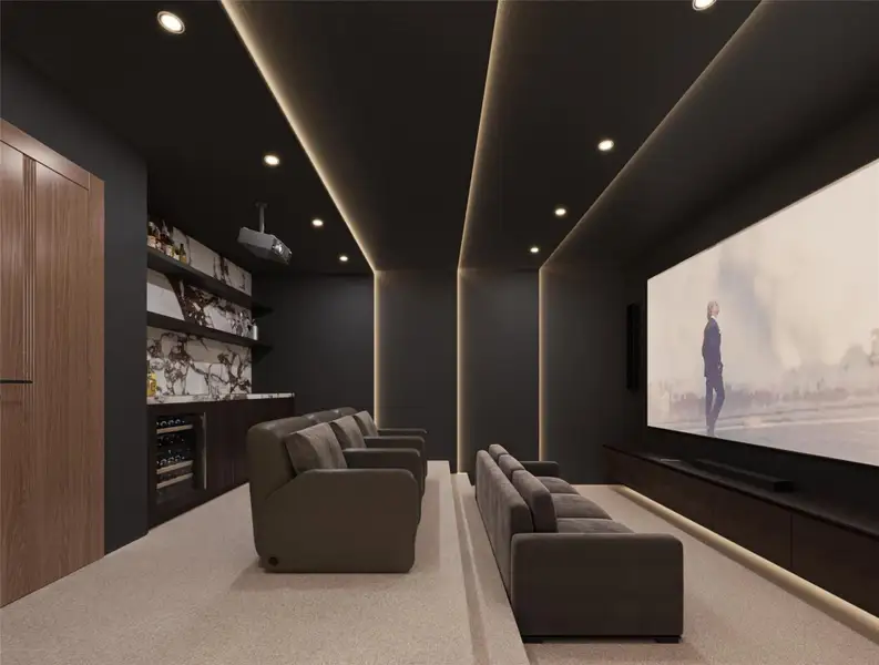 Carpeted home theater room with a bar and recessed lighting Carpeted home theater room with a bar and recessed lighting