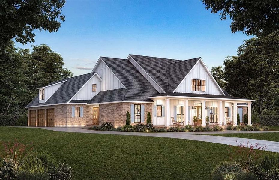 Modern farmhouse with covered porch, a front yard, and a garage