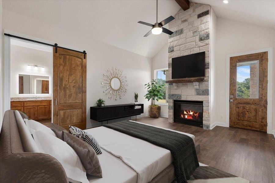 Virtually Staged Bedroom featuring dark wood-type flooring, a fireplace, a barn door, beamed ceiling, and high vaulted ceiling