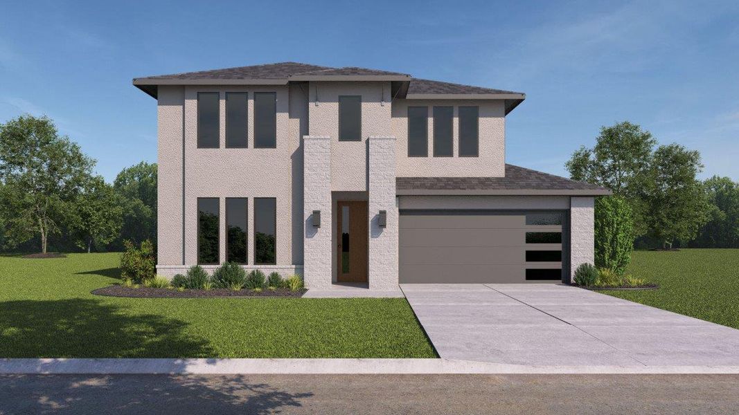 Front exterior of a new home in The Preserve at Forum, Grand Prairie, TX, highlighting curb appeal (Image 1). Front exterior of a new home in The Preserve at Forum, Grand Prairie, TX, highlighting curb appeal (Image 1).