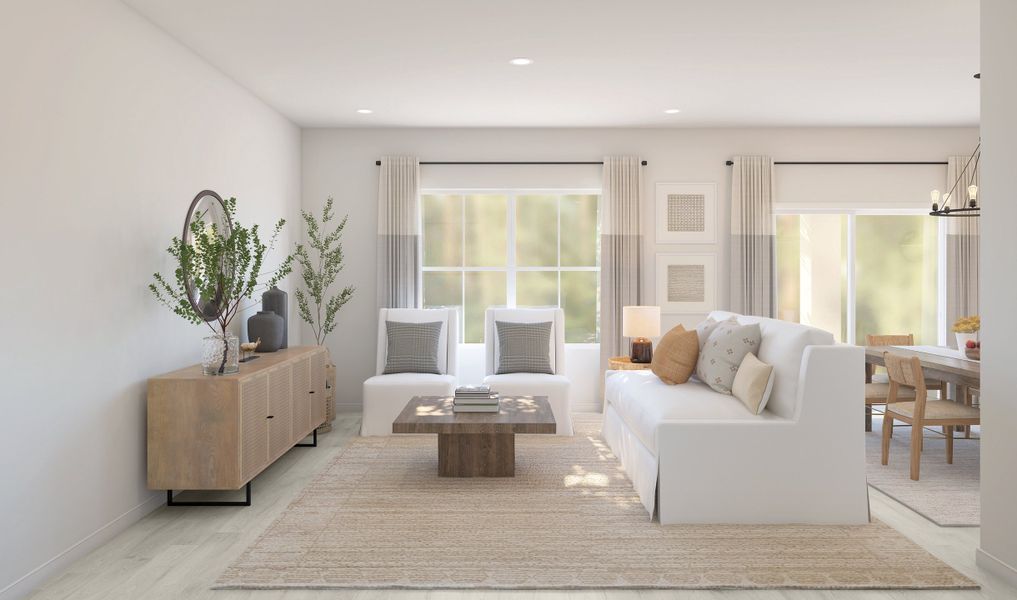 Great room with laminate floors