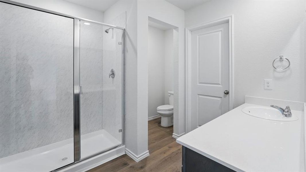 Full bathroom with vanity, a shower stall, and dark wood finished floors