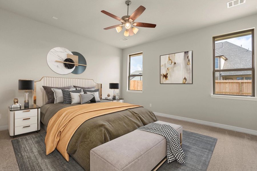 Primary bedroom. Note: Sample product photo - actual exterior and interior selections may vary by homesite