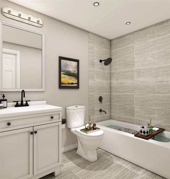 This hallway common bathroom features an upgraded vanity, matte black fixtures, elegant high-arc faucet, and a classic white bathtub. Example photo, virtually staged This hallway common bathroom features an upgraded vanity, matte black fixtures, elegant high-arc faucet, and a classic white bathtub. Example photo, virtually staged