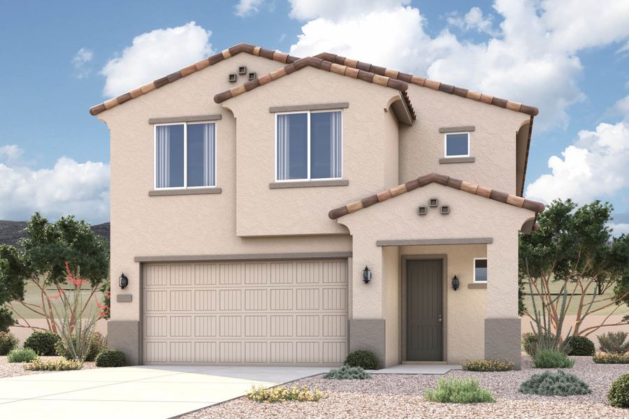 Rendering of front of new home for sale in San Tan Valley, AZ at Skyline Village the Highlands Collection by Century Communities with 2 car garage. Rendering of front of new home for sale in San Tan Valley, AZ at Skyline Village the Highlands Collection by Century Communities with 2 car garage.