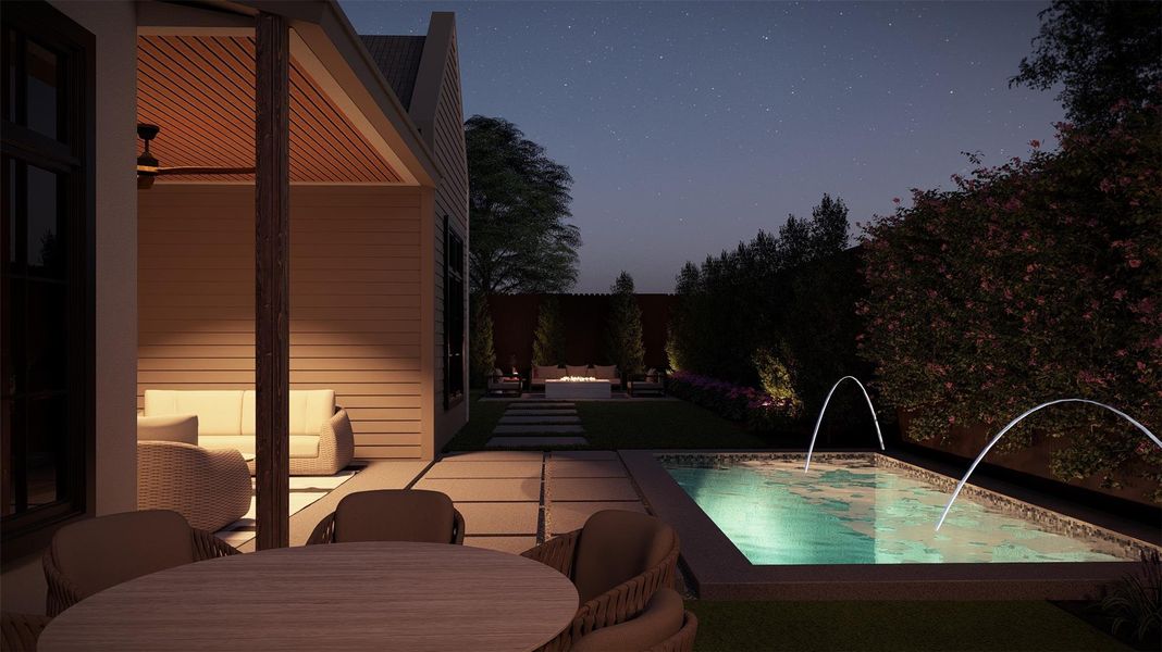 Pool at twilight featuring a patio area, a fenced backyard, outdoor dining space, and an outdoor pool