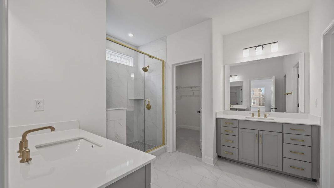 The Brentwood Plan by DRB Homes in River District, Charlotte NC.- Primary Bathroom The Brentwood Plan by DRB Homes in River District, Charlotte NC.- Primary Bathroom