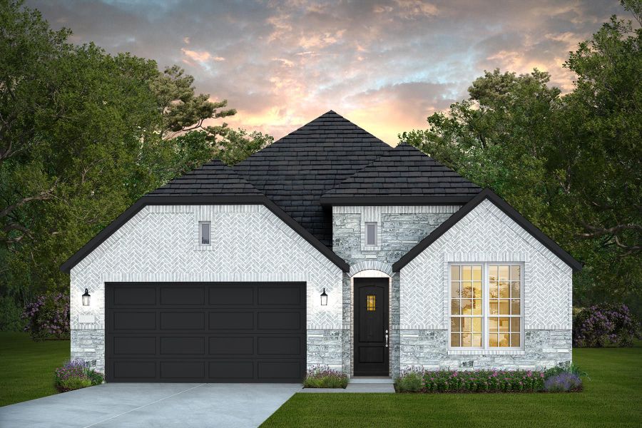 Front exterior of a new home in Pulte Homes at Two Step Farm, Montgomery, TX, highlighting curb appeal (Image 1). Front exterior of a new home in Pulte Homes at Two Step Farm, Montgomery, TX, highlighting curb appeal (Image 1).