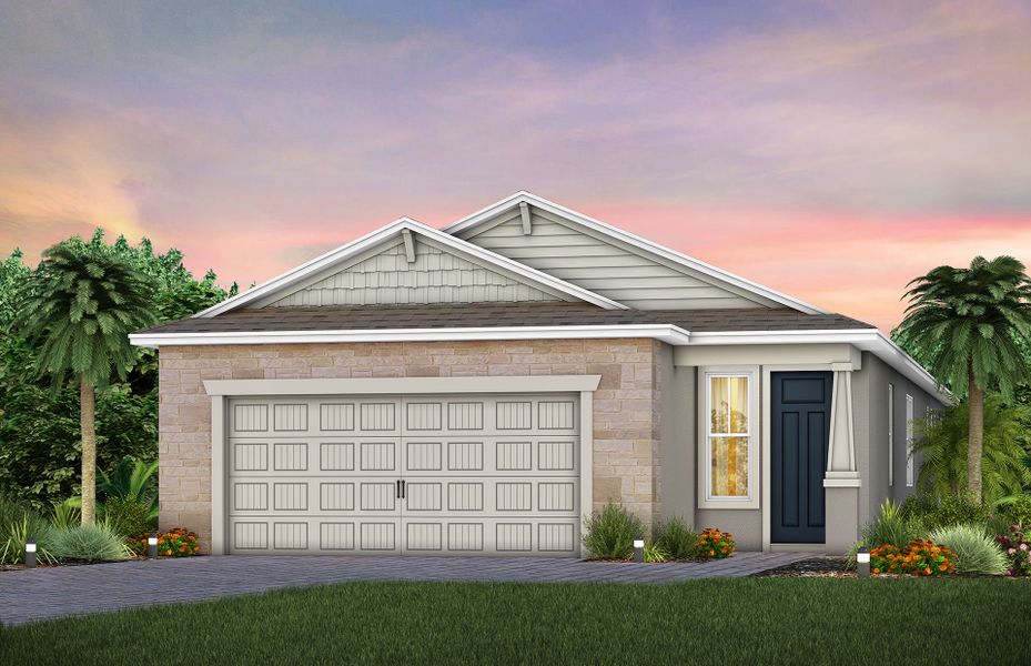 Front exterior of a new home in Del Webb Minneola, Minneola, FL, highlighting curb appeal (Image 1).