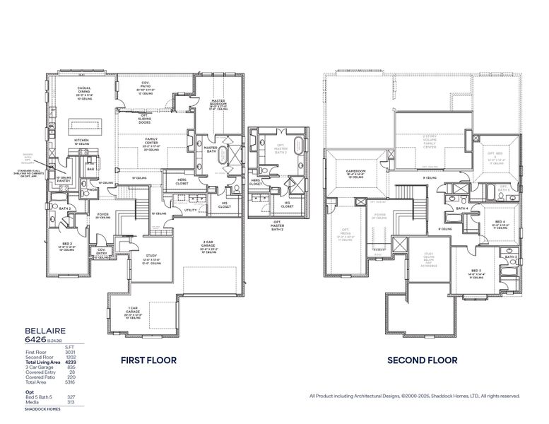 2D floor plan layout for the Bellaire - SH 6426 by Shaddock Homes in Park Place - 80' Lots, Prosper, TX (Image 3).