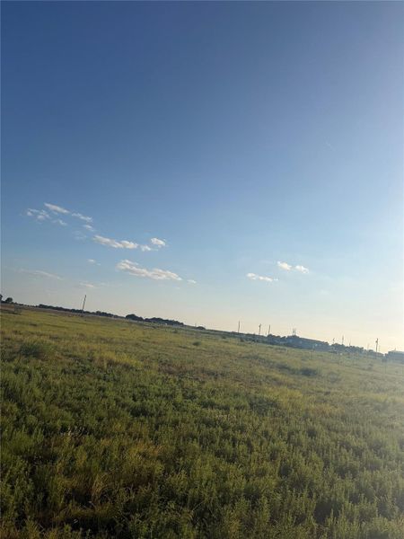 An expansive grassy acreage stretches toward the horizon under a clear blue sky.