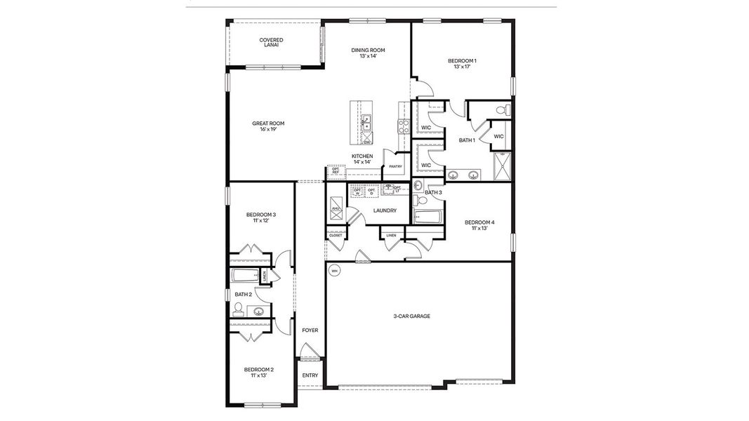 2D floor plan layout for the Denham by D.R. Horton in Harmony on Lake Eloise, Winter Haven, FL (Image 3).