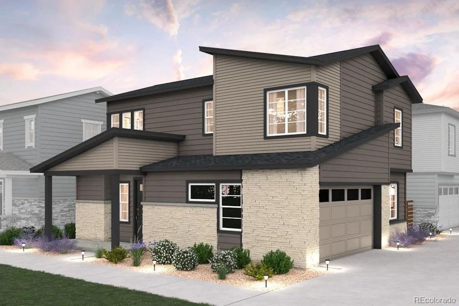 Front exterior of a new home in The Contemporary Collection at Windler, Aurora, CO, highlighting curb appeal (Image 1).