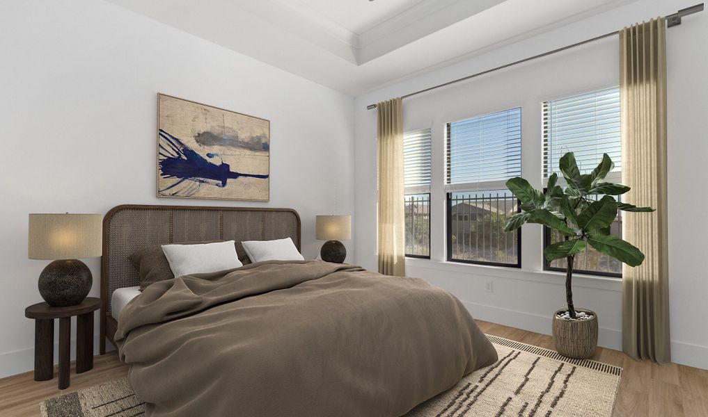 Primary suite with crown moulding and tray ceiling