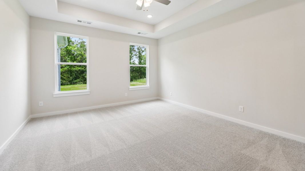 Primary suite with tray ceiling, windows, and carpet