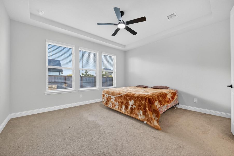Large primary bedroom with tons of natural light and tray ceilings