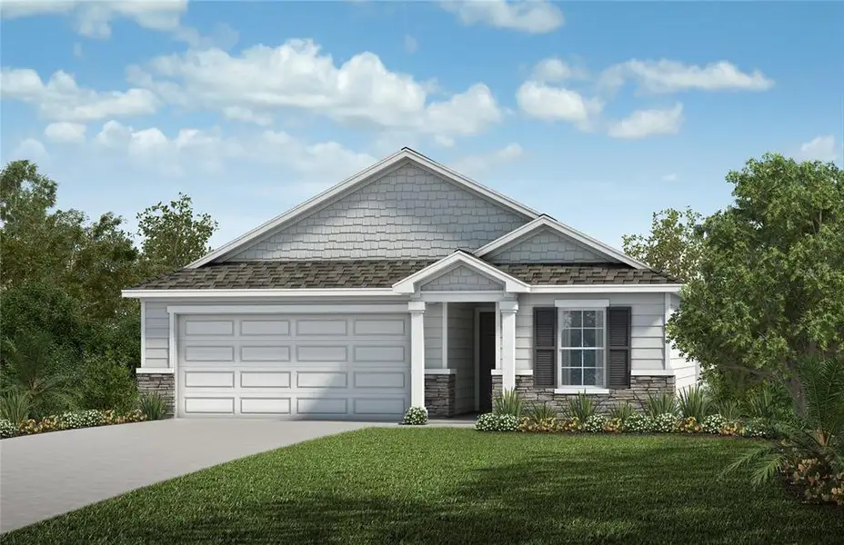 Front exterior of a new home in Whiteview Village, Palm Coast, FL, highlighting curb appeal (Image 1).
