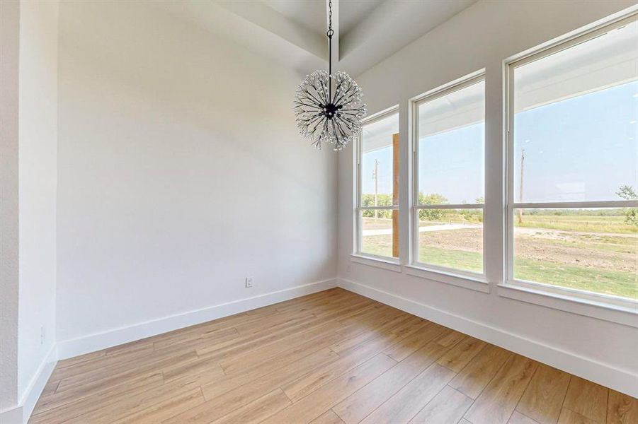 Spare room featuring a tray ceiling, light wood-type flooring, and an inviting chandelier