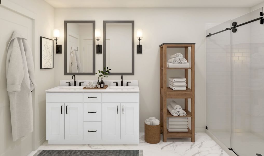 Primary bath with matte black mirrors and dual sinks