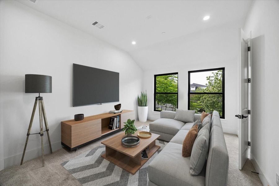 The Media Room adjoins it. There is a large walk in closet and it is accessible to one of the upstairs baths so could serve as a fifth bedroom or secluded second floor study. (virt. staged)