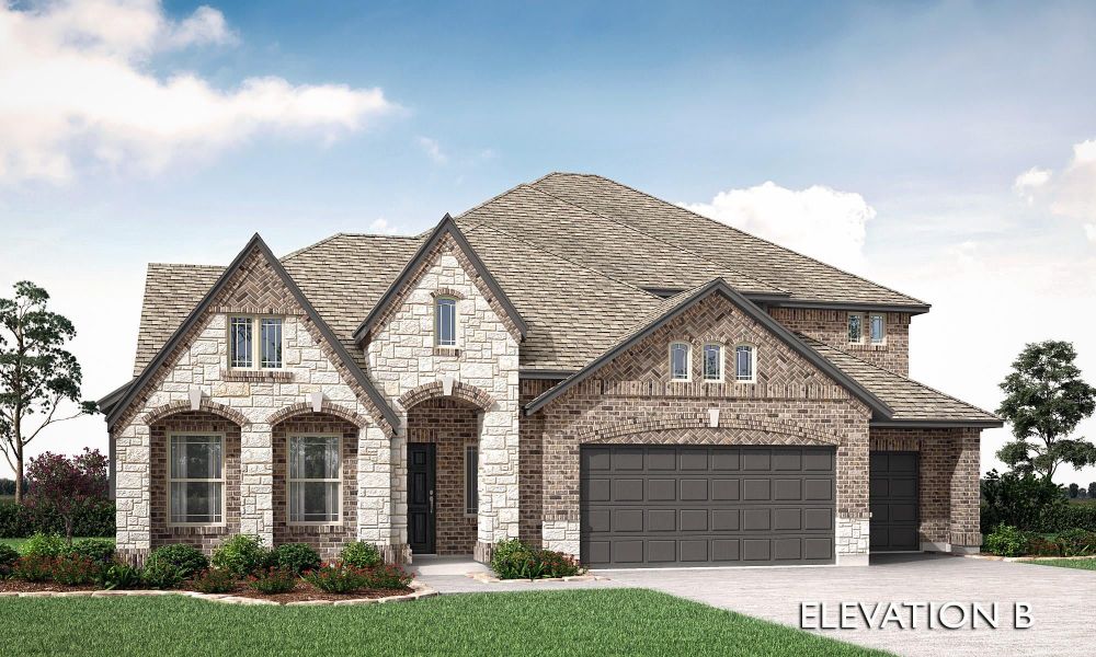 Two-story brick and stone home with arched entry, three-car garage, and pitched roof, Elevation B rendering. Two-story brick and stone home with arched entry, three-car garage, and pitched roof, Elevation B rendering.