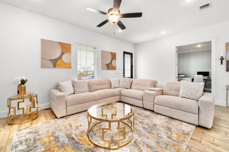 You can see the office/flex room from the living area.