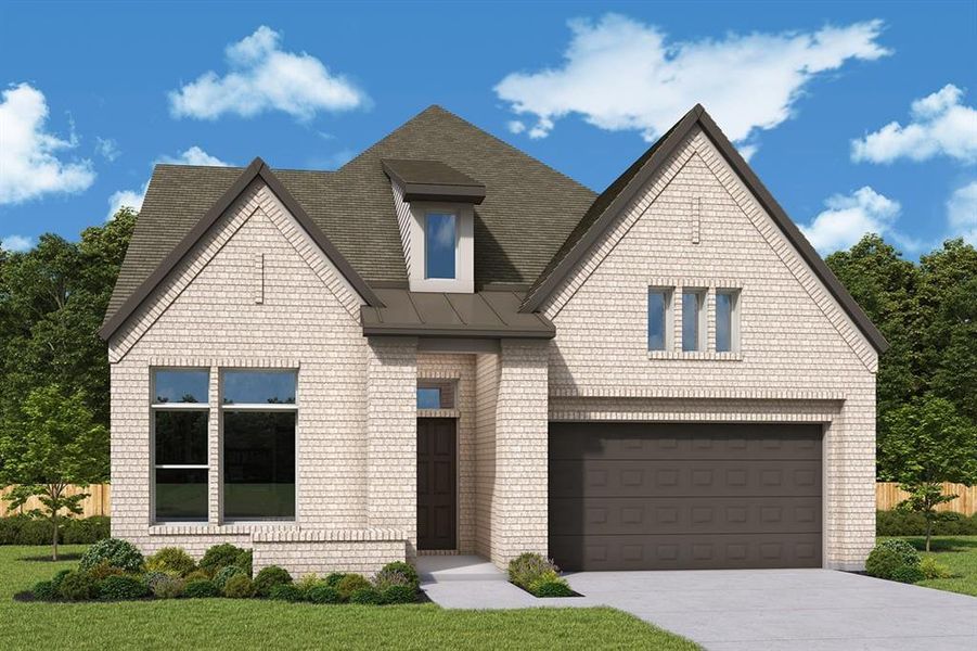 View of front of home with brick siding, driveway, a shingled roof, a standing seam roof, and a garage View of front of home with brick siding, driveway, a shingled roof, a standing seam roof, and a garage