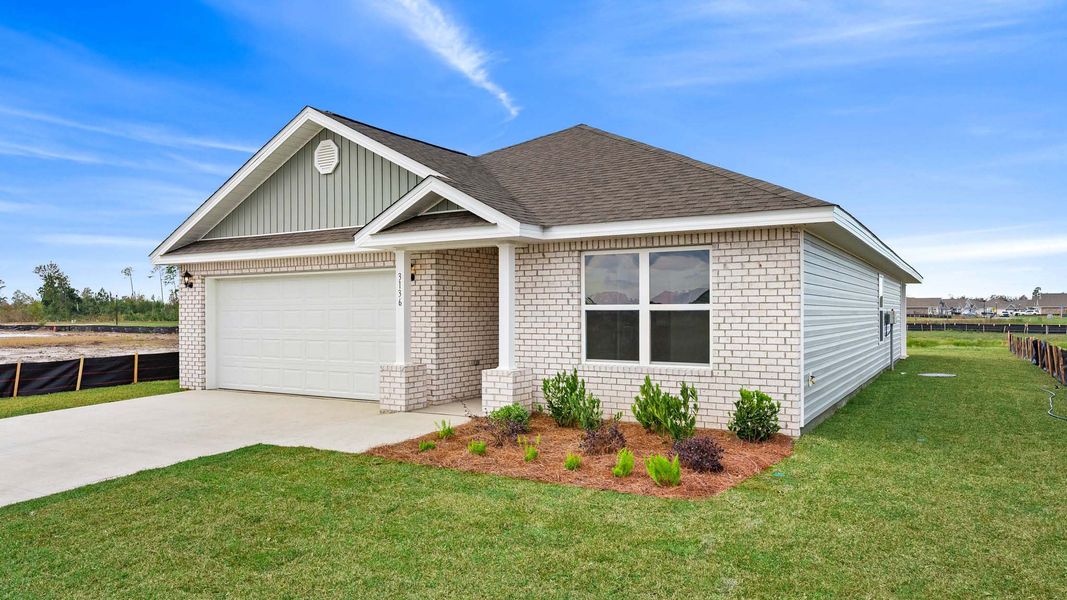 Front exterior of a new home in Hodges Bayou Plantation, Panama City, FL, highlighting curb appeal (Image 1). Front exterior of a new home in Hodges Bayou Plantation, Panama City, FL, highlighting curb appeal (Image 1).