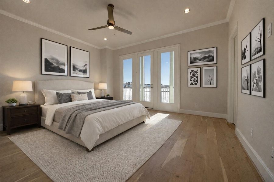 The primary bedroom has its own private balcony!  Virtual staging added.