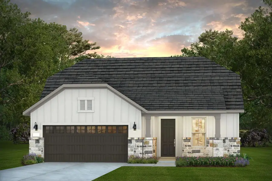 Front exterior of a new home in Del Webb New Braunfels at Veramendi, New Braunfels, TX, highlighting curb appeal (Image 1). Front exterior of a new home in Del Webb New Braunfels at Veramendi, New Braunfels, TX, highlighting curb appeal (Image 1).