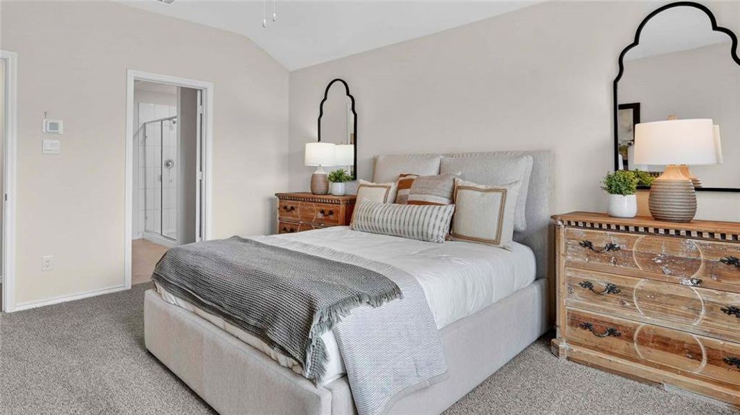 Vaulted ceiling bedroom with carpet flooring Vaulted ceiling bedroom with carpet flooring