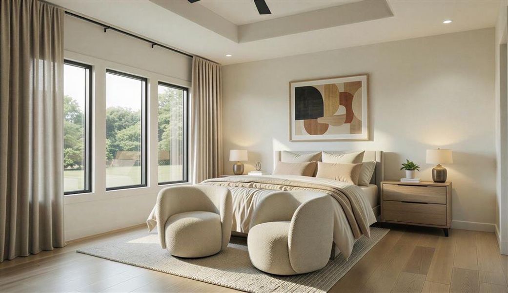 Rendering: Large Primary Bedroom with large windows, wood flooring, and high ceilings