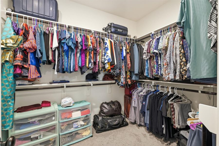Spacious walk-in closet with ample hanging space, shelves, and drawers for organized storage. Carpeted floor and neutral walls enhance the cozy feel. Spacious walk-in closet with ample hanging space, shelves, and drawers for organized storage. Carpeted floor and neutral walls enhance the cozy feel.