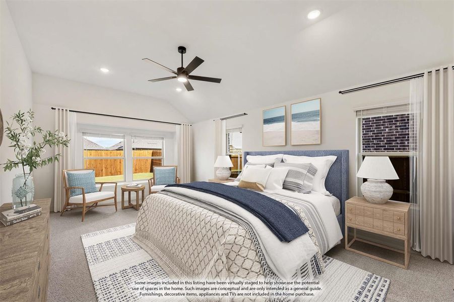 Spacious master bedroom with ceiling fan, carpet flooring, large windows, and a seating area near the backyard view. Spacious master bedroom with ceiling fan, carpet flooring, large windows, and a seating area near the backyard view.