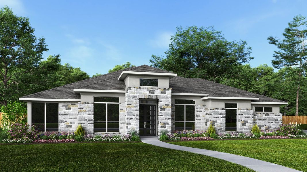 Representative exterior photo of a completed home built from the 3317A by Perry Homes in Johnson Ranch Half Acre, Bulverde, TX (Image 1).