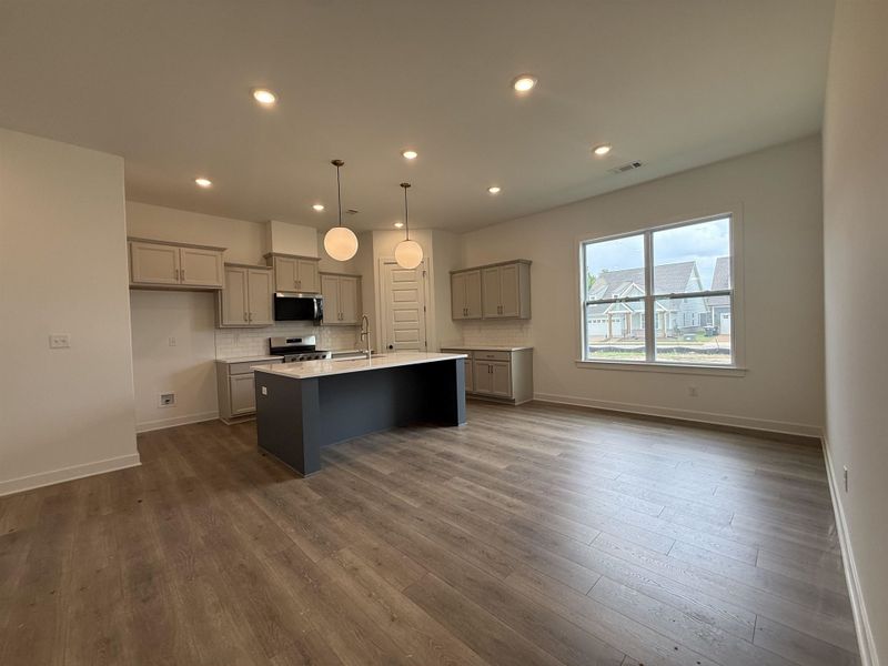 Open concept kitchen featuring an expansive center island with seating, pendant lighting, stainless steel appliances, and wood-finish flooring