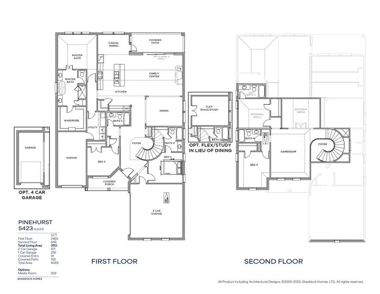 2D floor plan layout for the Pinehurst - SH 5423 by Shaddock Homes in Solterra Texas, Mesquite, TX (Image 3).